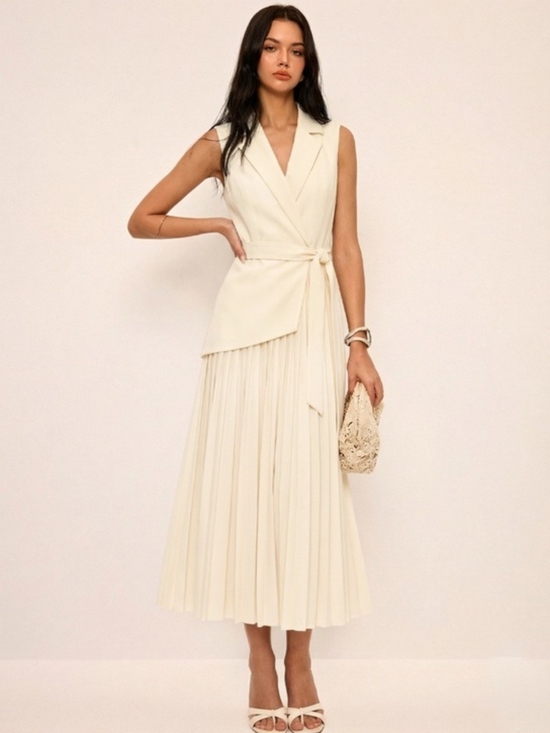 Commense Dresses & Skirts - Sleeveless Cream Wrap Pleated Midi Dress